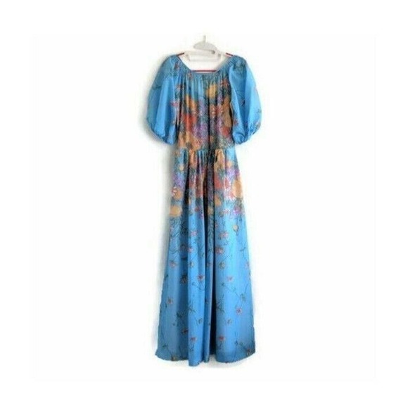 Vintage Maxi Dress S Blue Floral 60s 70s Long Boho Hippie Deha of Sweden Prom - Picture 7 of 16